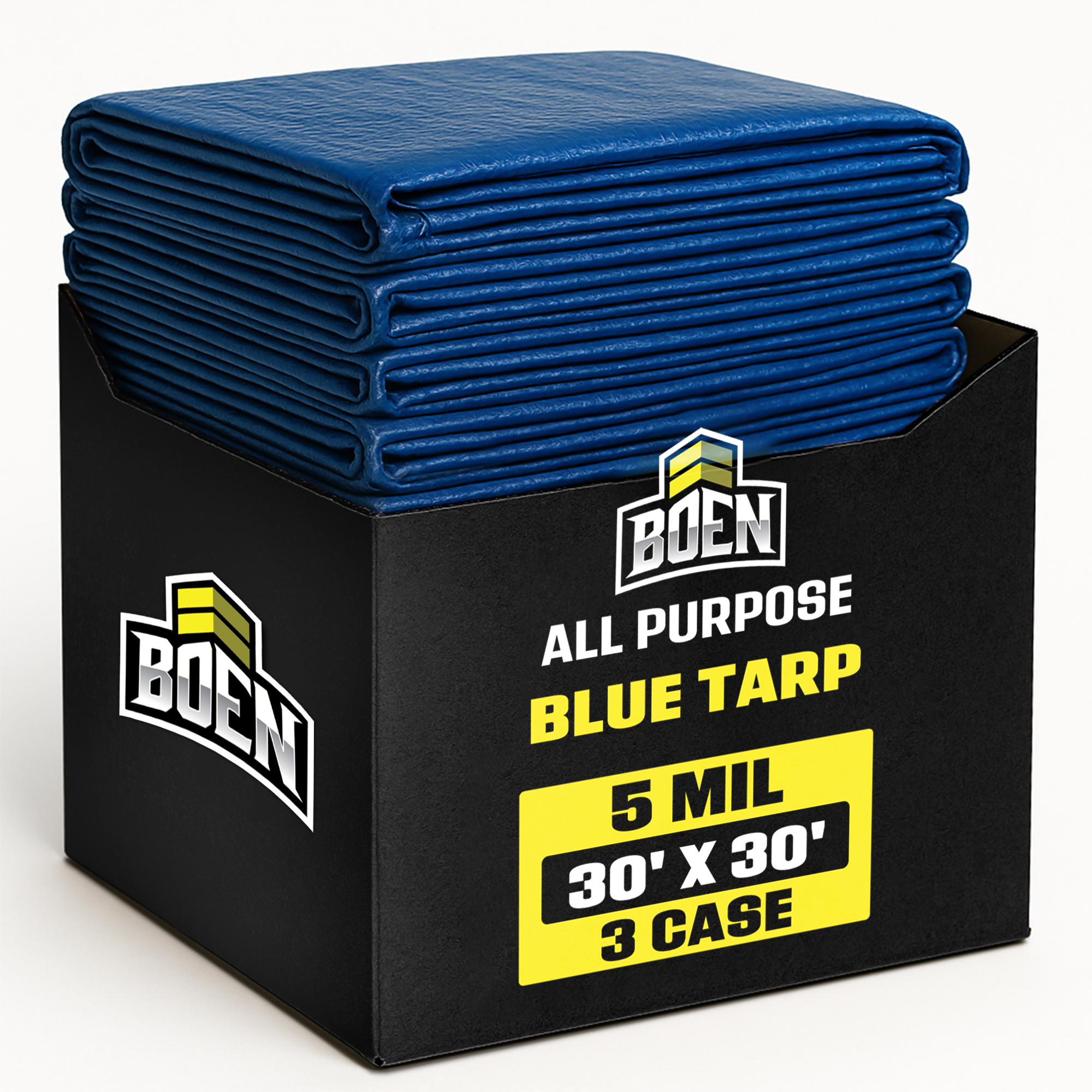 Boen 30 ft x 30 ft Blue Poly Tarp, 3-Pack, 5 Mil Waterproof Multipurpose Tarps, Rope Hem, Reinforced Corners, Grommets Every 36 in, Outdoor Yard Jobsite